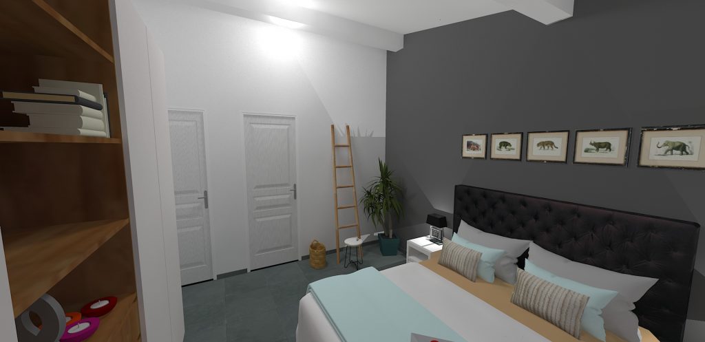 Rendu 3D chambre contemporaine coloris gris