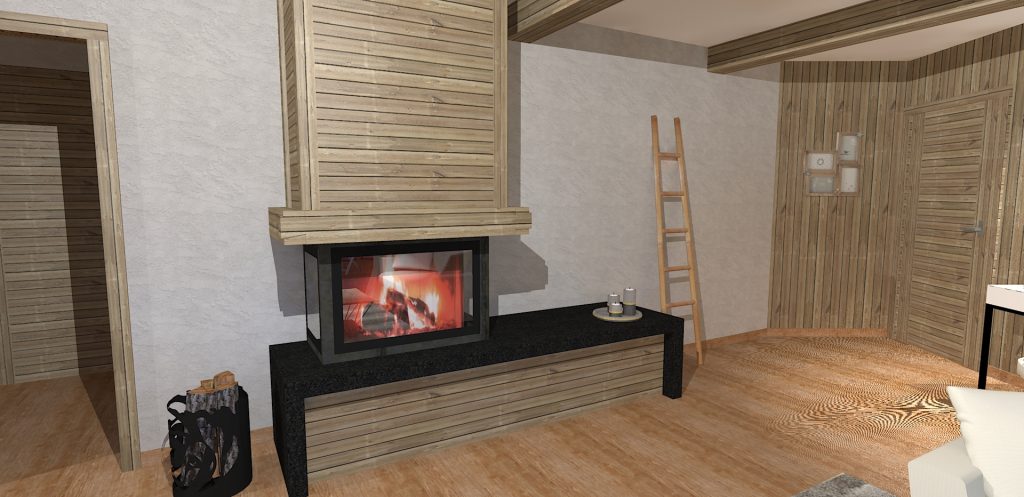 Image 3D cheminée bois dans chalet