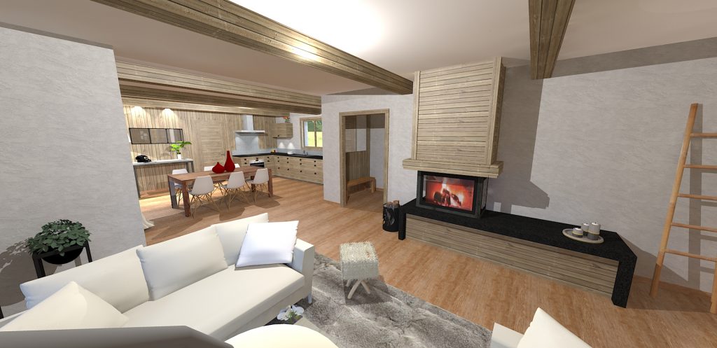 Plan 3D décoration salon de chalet